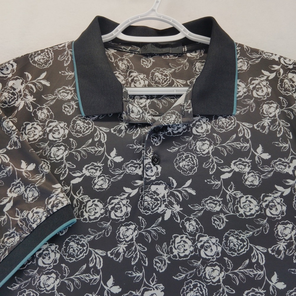 G/FORE Polo Shirt Mens Large Black Excellent Floral Print Performance Golf Top